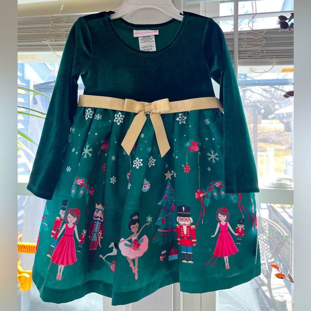 Bonnie Jean Green Velvet Nutcracker Ballerina Dress with Gold Bow